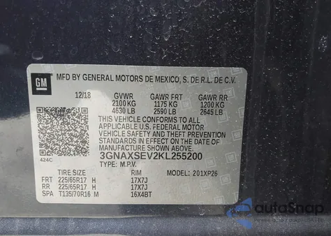 2019 Chevrolet Equinox Ls z USA, uszkodzony, nr VIN 3GNAXSEV2KL255200